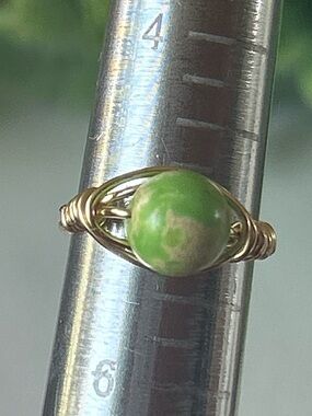 Handmade lime green sea sediment Jasper wire wrapped crystal ring size 5